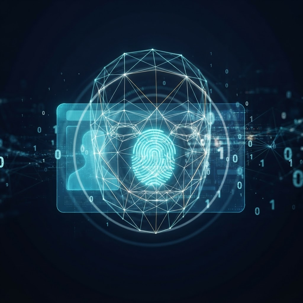 Abstract visualization of TRUSTTICA's biometric identity verification system, showing a glowing facial-geometry scan mesh and secure document data